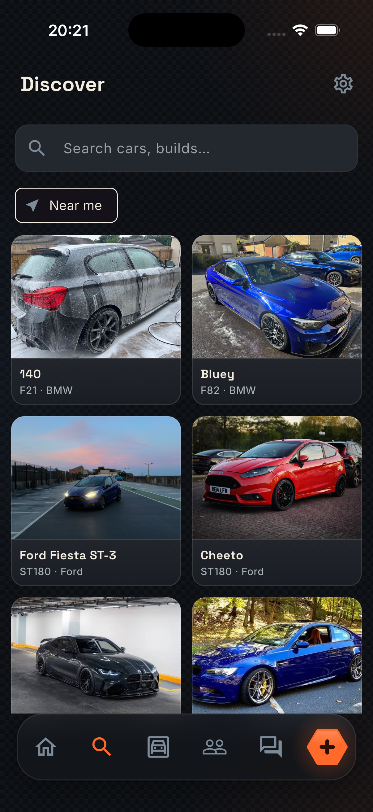 TorqueDen Discover tab with search and near me