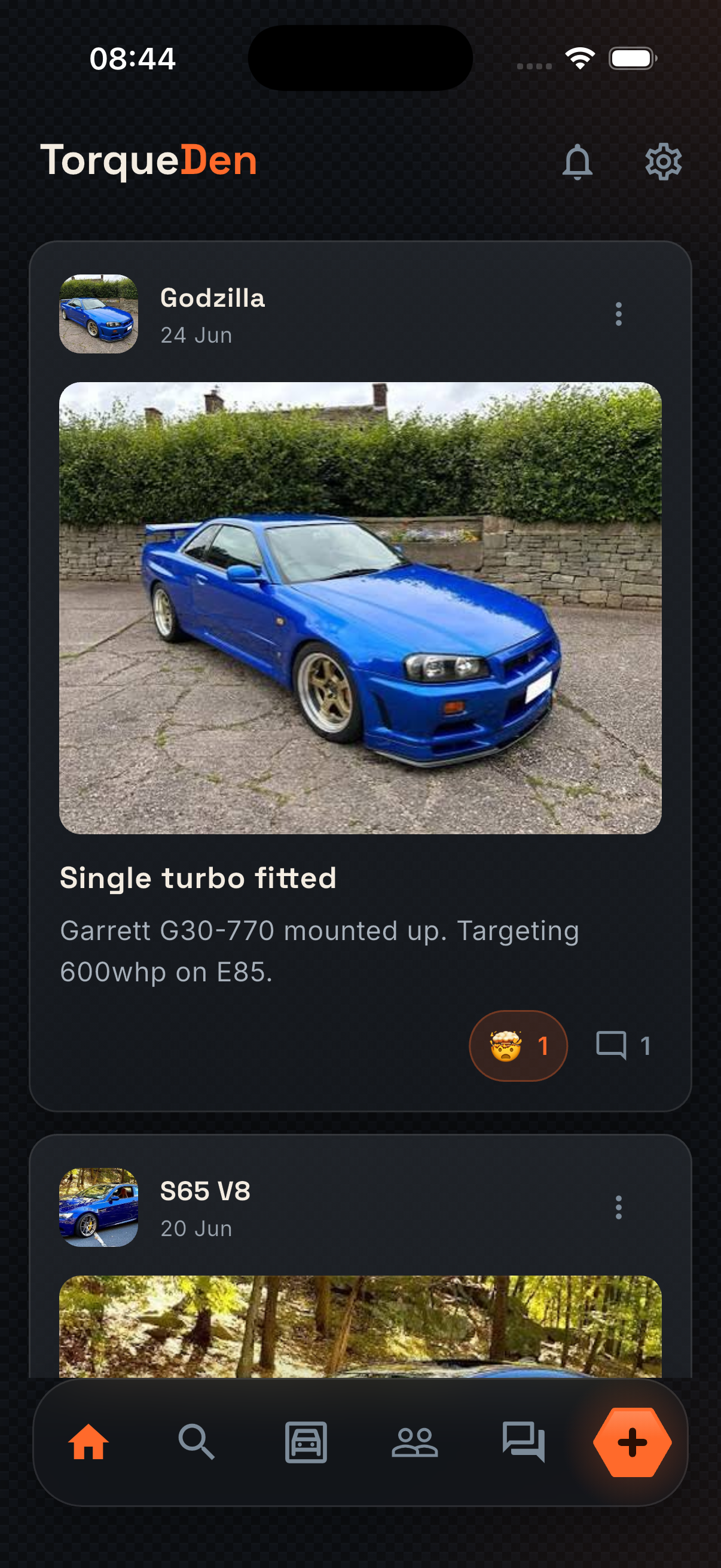 TorqueDen home feed showing car builds