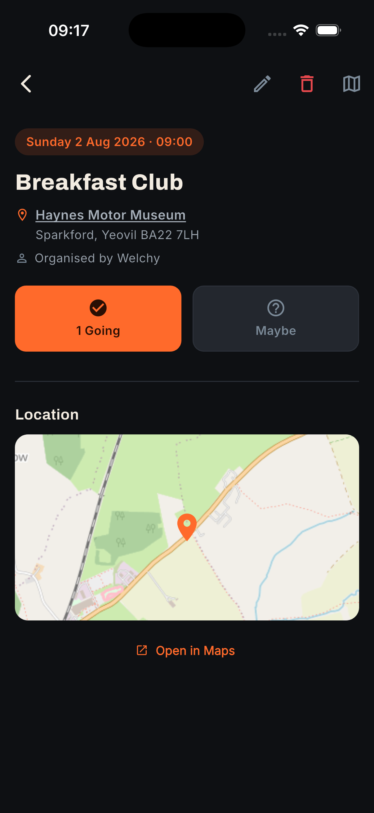 TorqueDen meet detail screen showing date, address, RSVPs and a location map