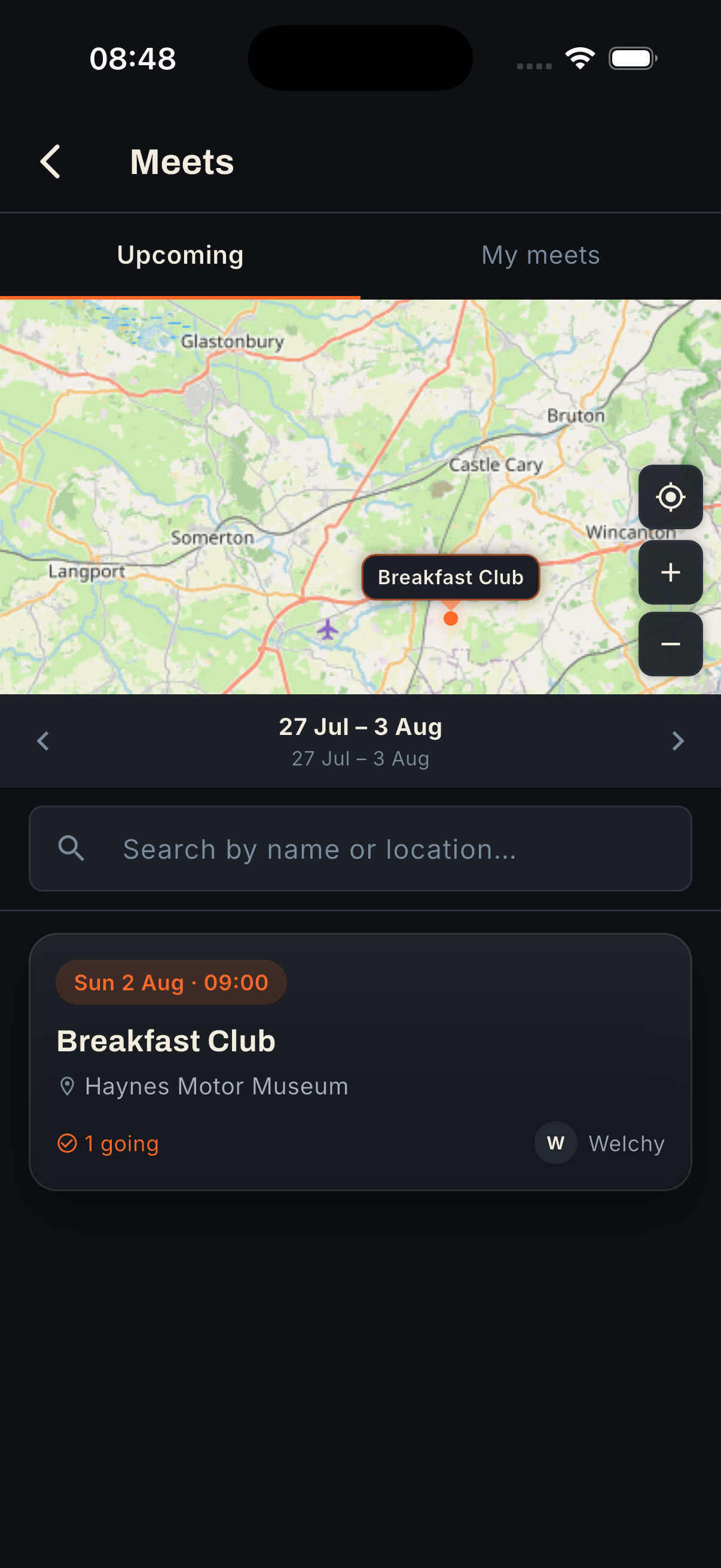 TorqueDen Meets screen showing a live map and weekly list of car meets